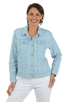 Woman wearing a light blue denim jacket on a white background.