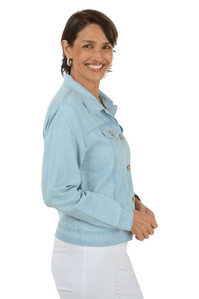 Woman wearing a light blue denim jacket on a white background. Side shot.