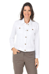 Woman wearing a white denim jacket with buttons on a white background