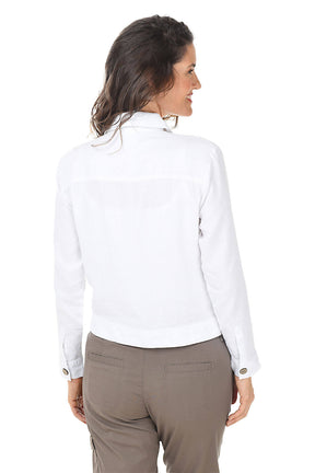 Woman wearing a white denim jacket with buttons on a white background. Back shot.