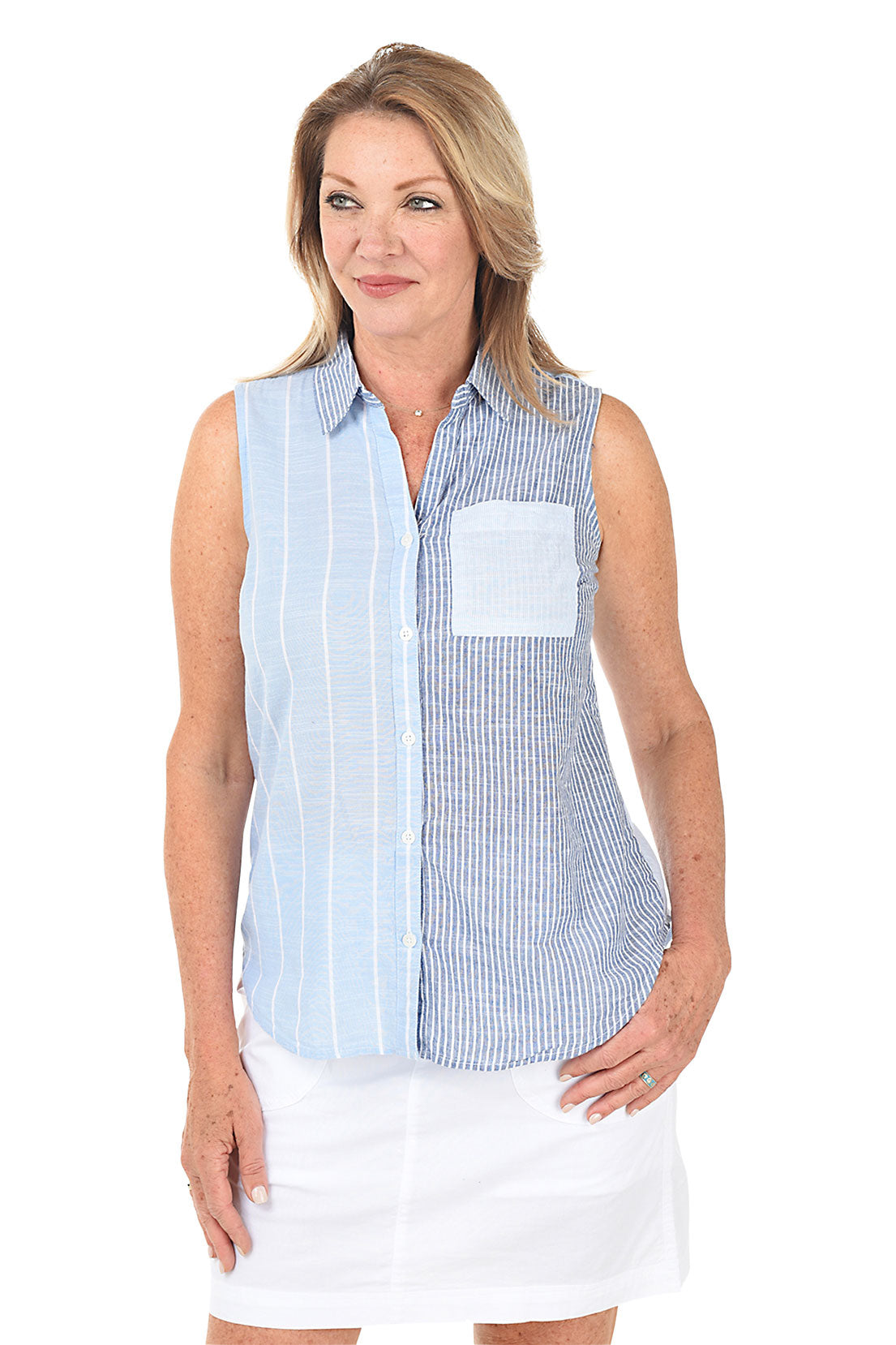Colorblock Striped Cotton Sleeveless Shirt