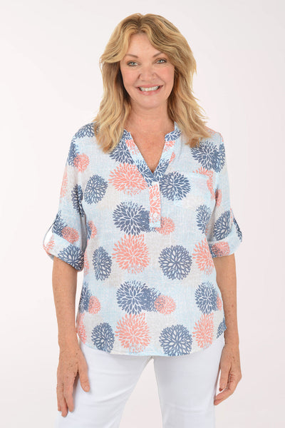 Coral Flowers Gauze Henley Blouse | Dash