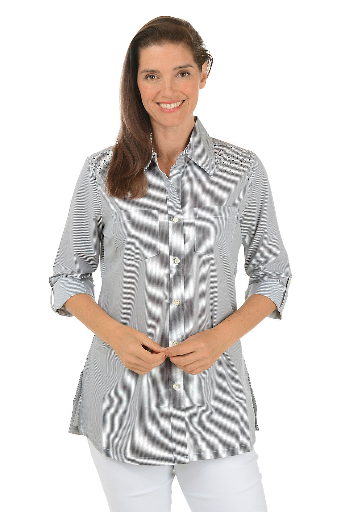 Black Rhinestone Pinstripe Shirt