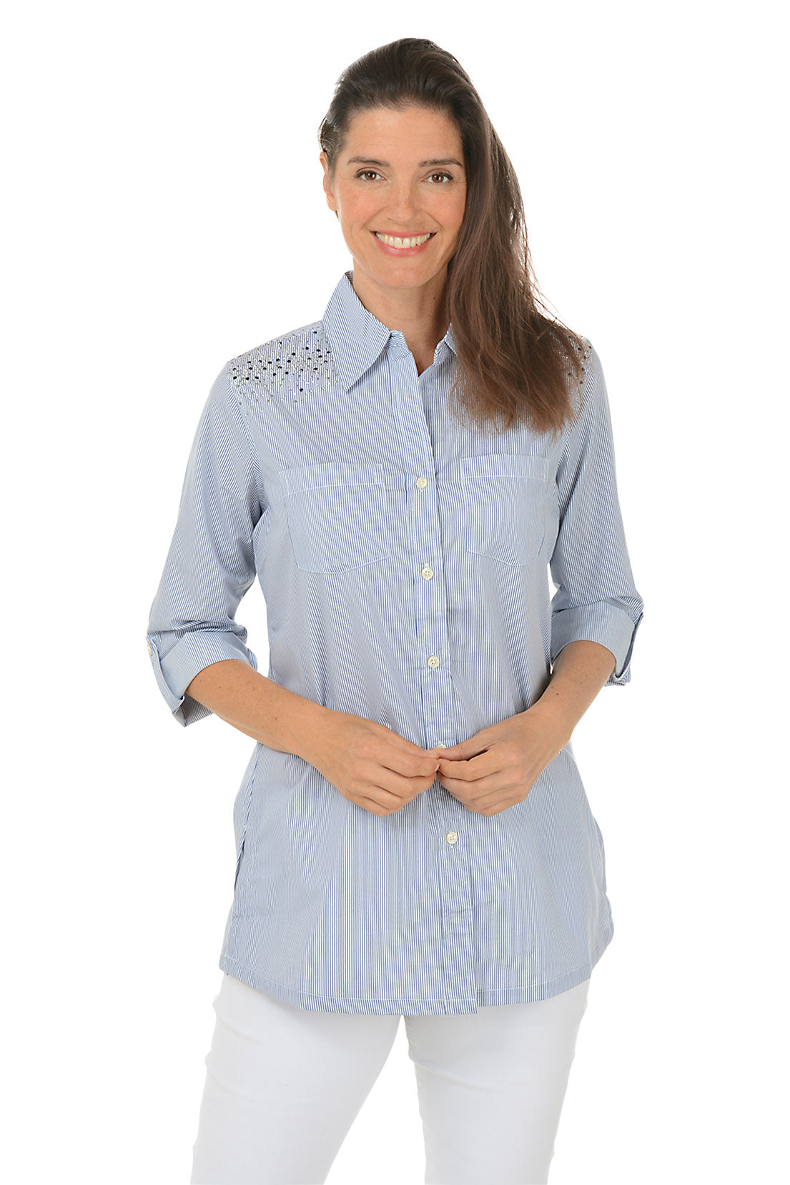 Blue Rhinestone Pinstripe Shirt
