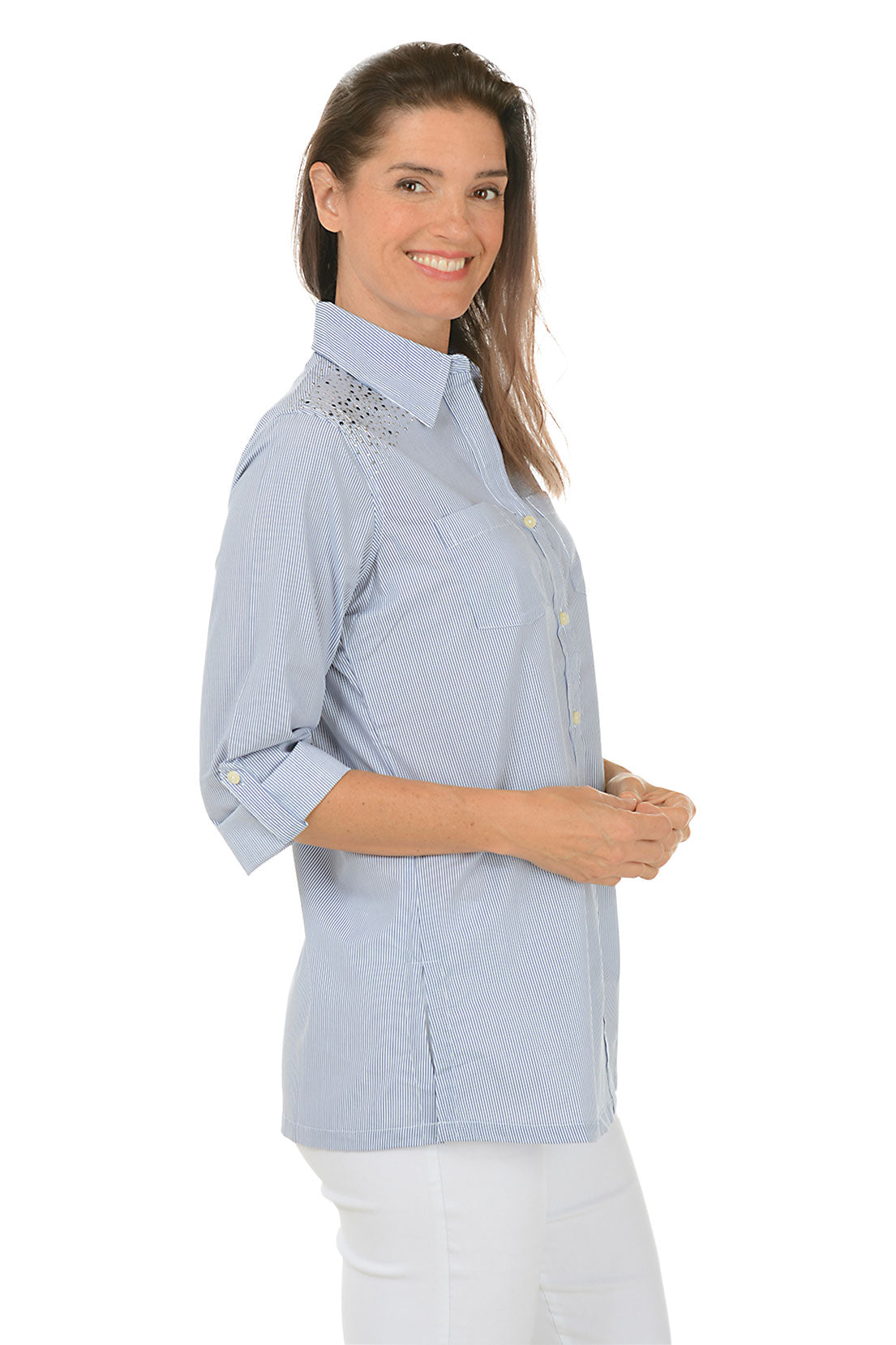 Blue Rhinestone Pinstripe Shirt
