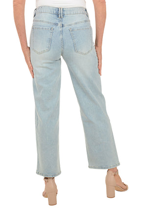Light blue jeans worn by a person on a white background. Back shot.