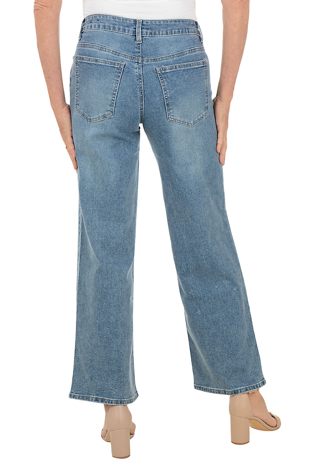 Light blue jeans worn by a person on a white background. Back shot.