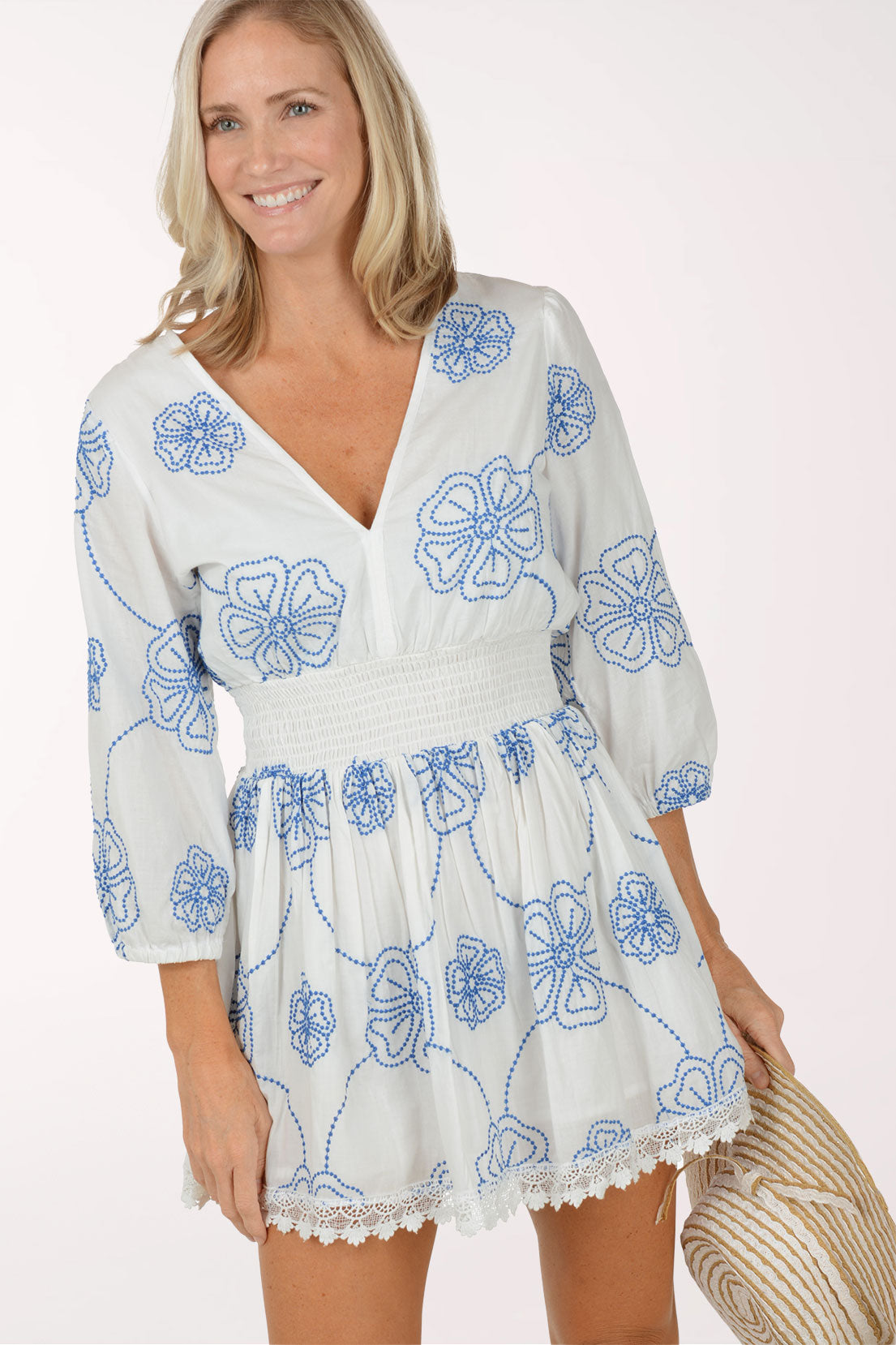 Embroidered Floral Smocked Waist Dress Cover-Up