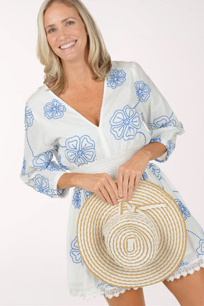 Embroidered Floral Smocked Waist Dress Cover-Up