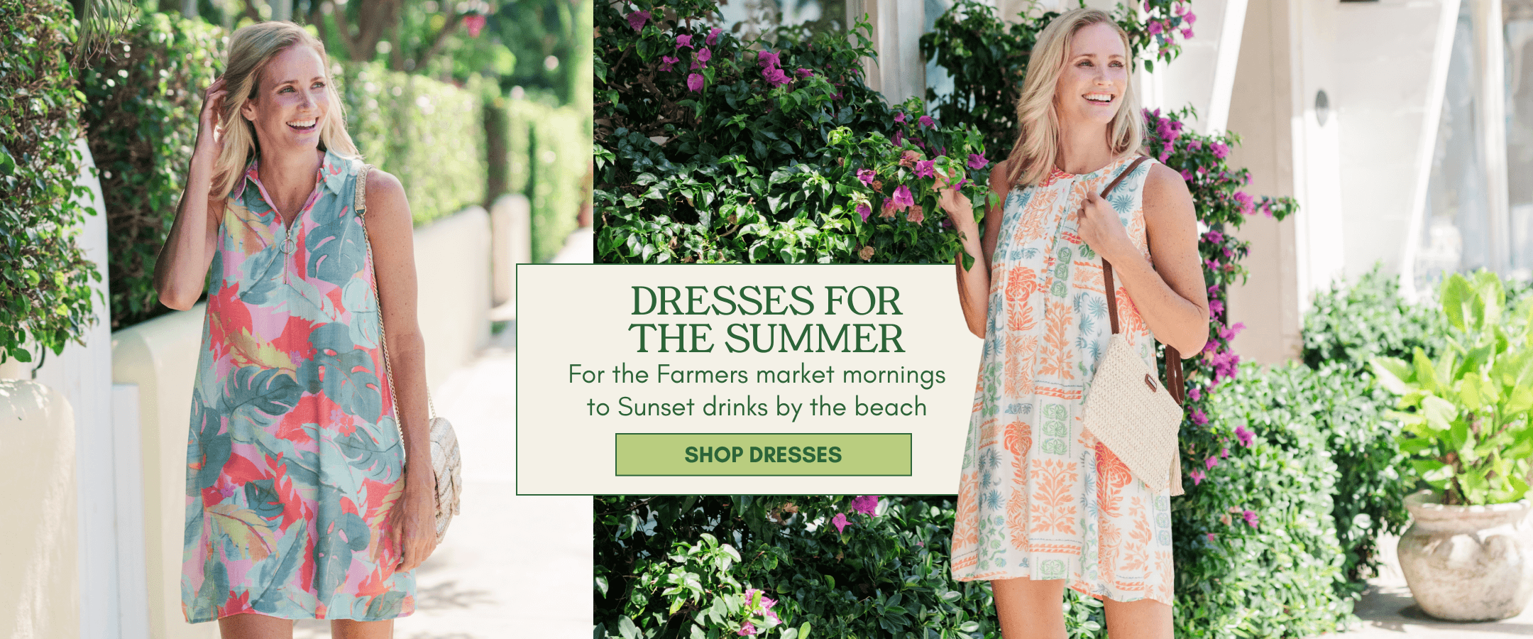 A promotional banner showing a woman outdoors in two views wearing a sleeveless floral dress. The left side shows her smiling in profile against greenery, and the right side shows a front view of a different dress.
