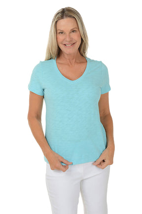 Slub Knit Short Sleeve V-Neck Tee