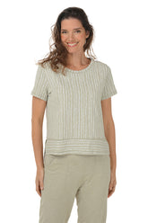 A woman wearing a khaki and white striped high-low hemline t-shirt with a scoop neckline and short sleeves.