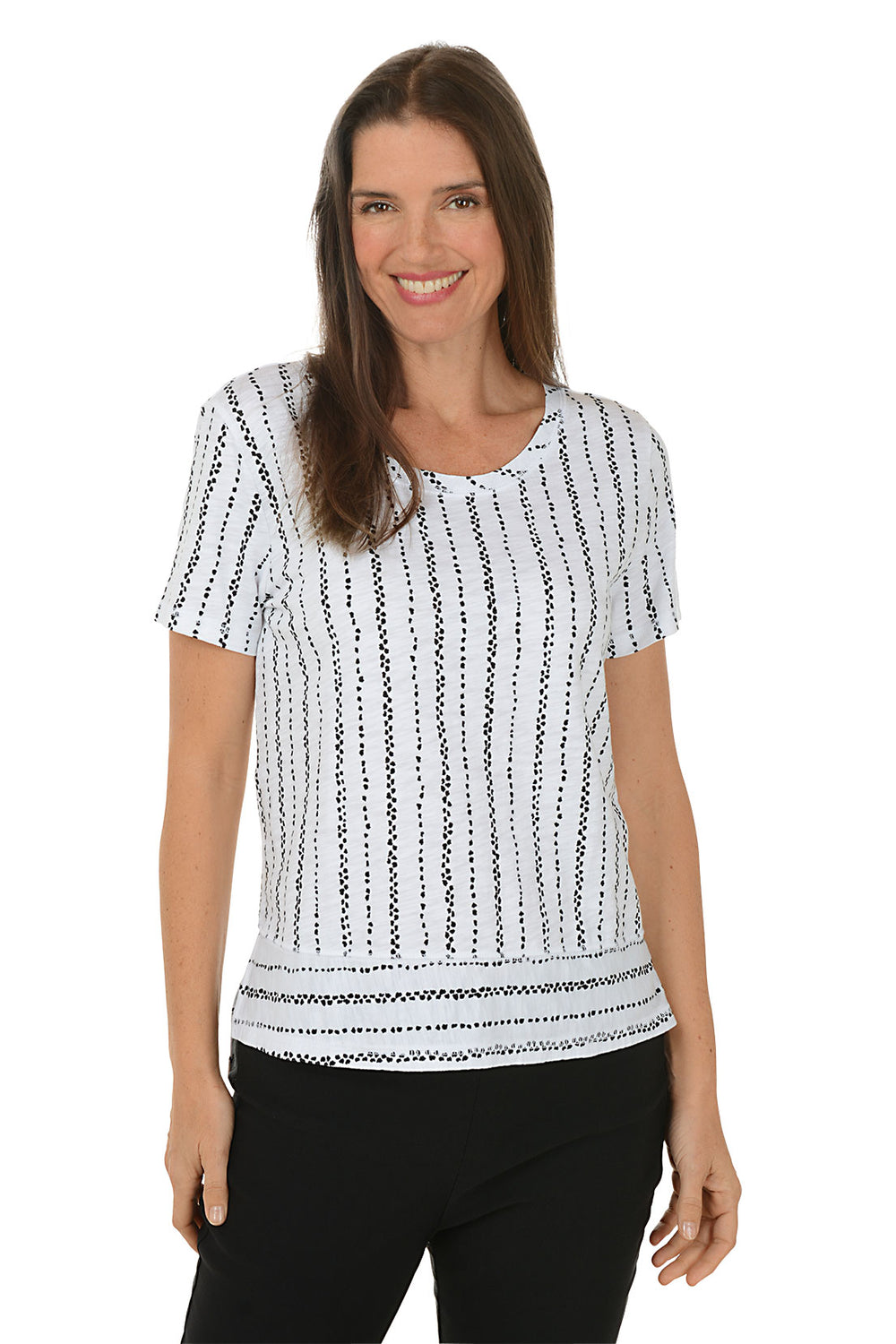 Woman wearing black and white striped short sleeve tee.