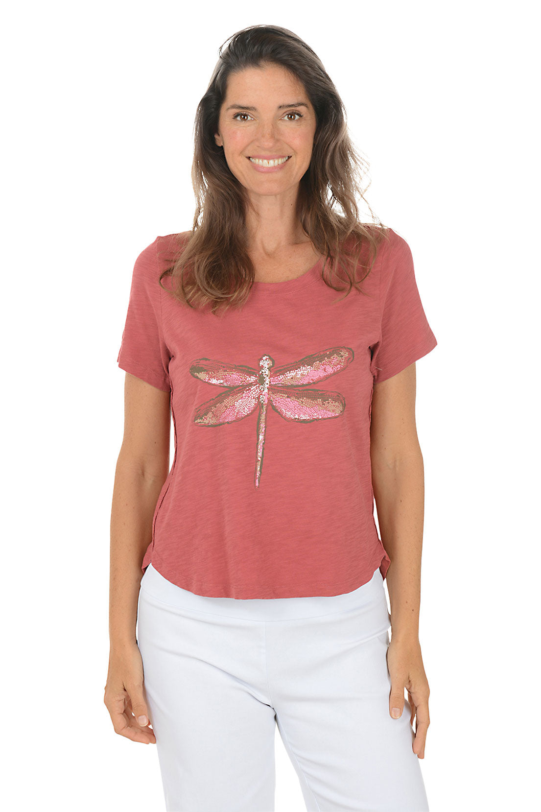 Woman wearing a red t-shirt with a dragonfly design on a white background. Second front shot.