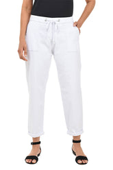 White pants worn by a person on a white background