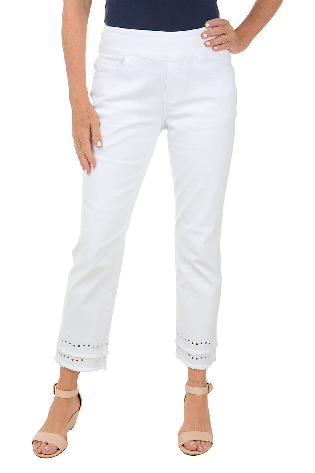 Fringe Scallop Embroidered Denim Ankle Pant