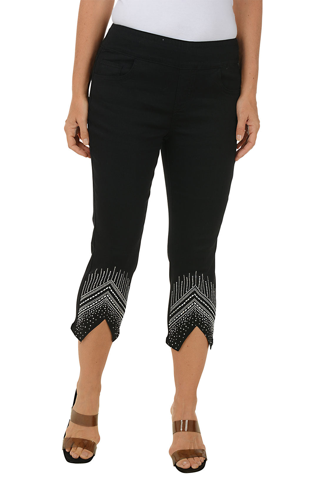 ★PISCESS★Lace Frill Capri Pants★Ivory_Black★大人気★ Chevron Rhinestone Denim Capri Pant