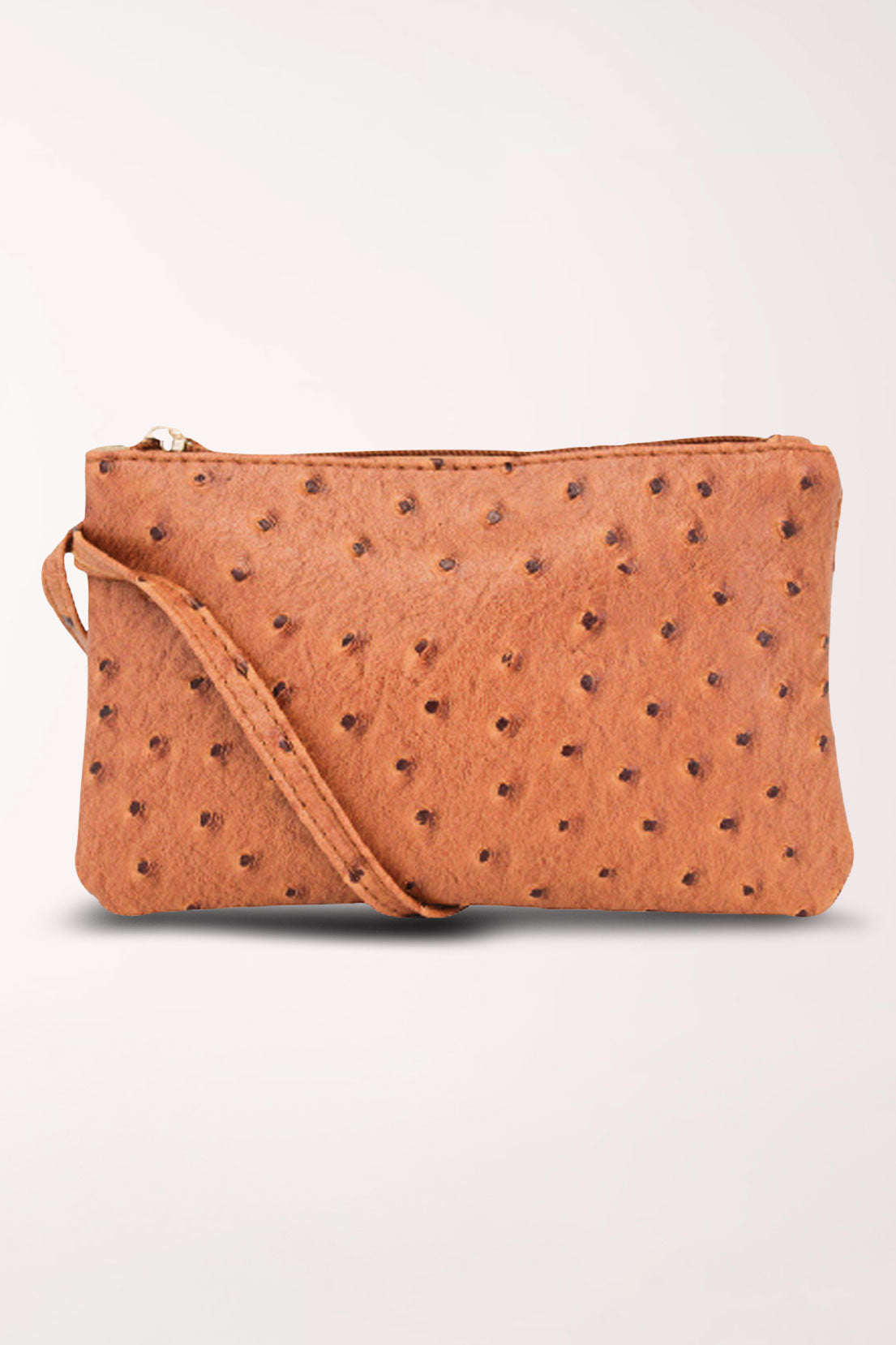 Front view of the 22 Tote Ostrich Wristlet Pouch in camel, a warm tan faux ostrich wristlet pouch with a top zipper and matching wrist strap.