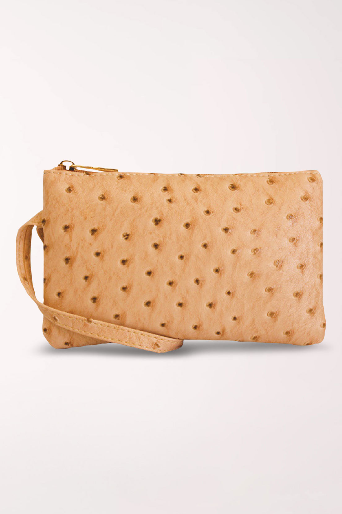Front view of the 22 Tote Ostrich Wristlet Pouch in hazelnut, a light tan faux ostrich wristlet pouch with a top zipper and matching wrist strap.