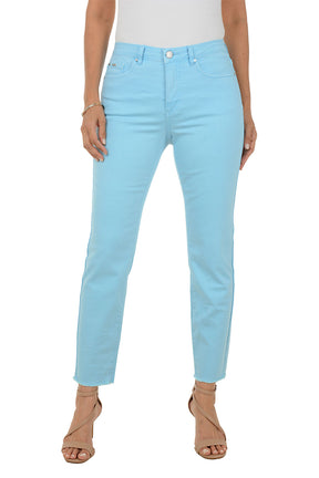 Light blue jeans worn by a person on a white background