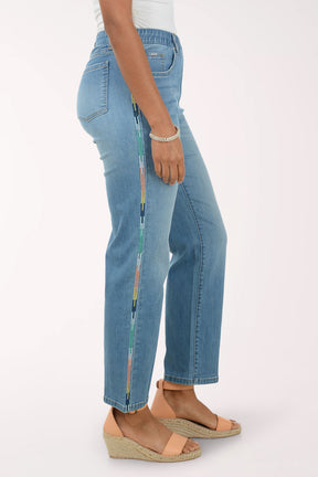 Light blue jeans worn by a person on a white background