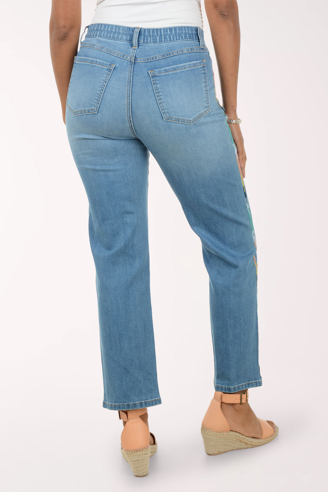 Light blue jeans worn by a person on a white background