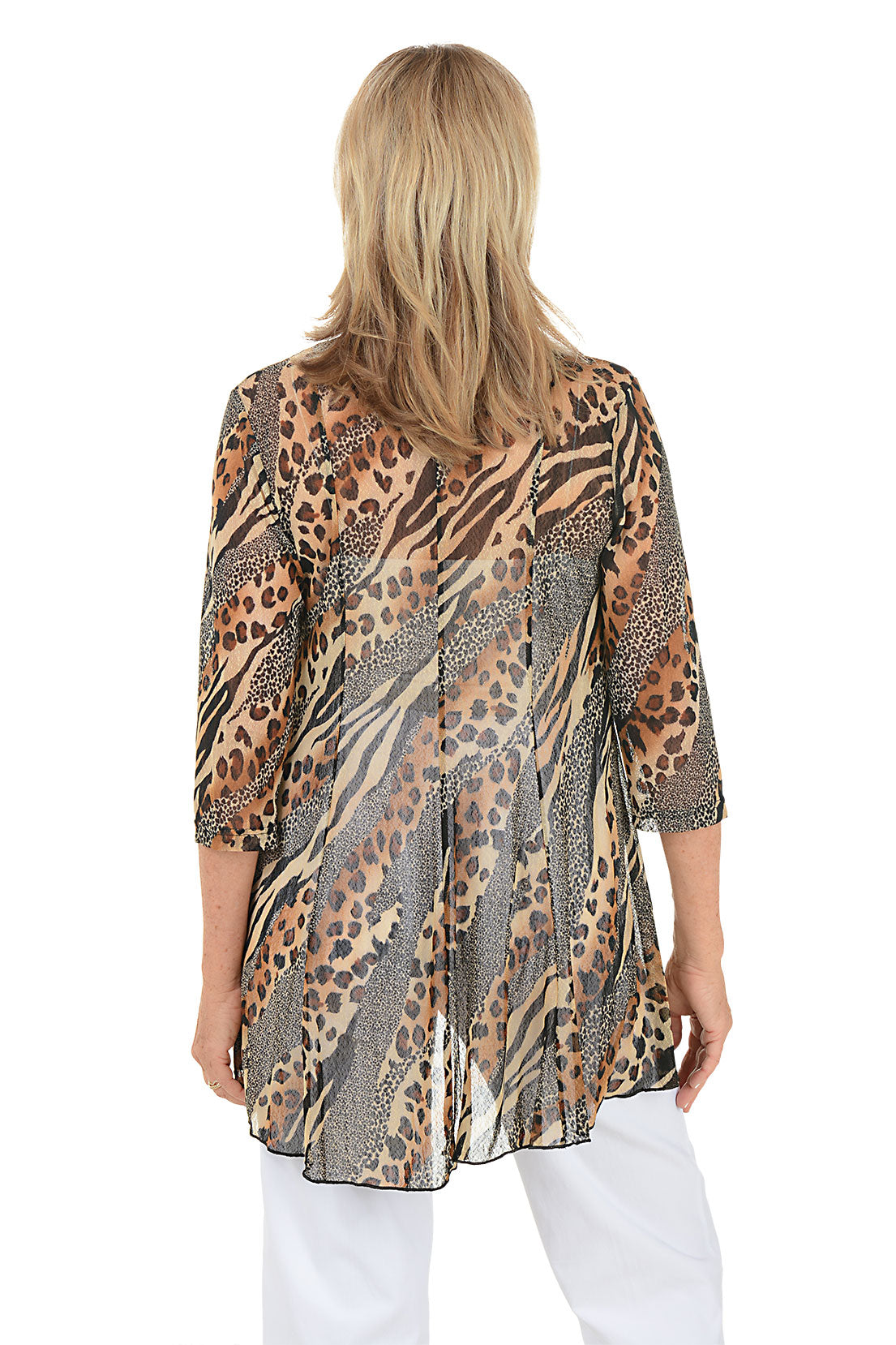 Woman wearing a leopard print jacket over a white top and pants on a white background. Back shot.