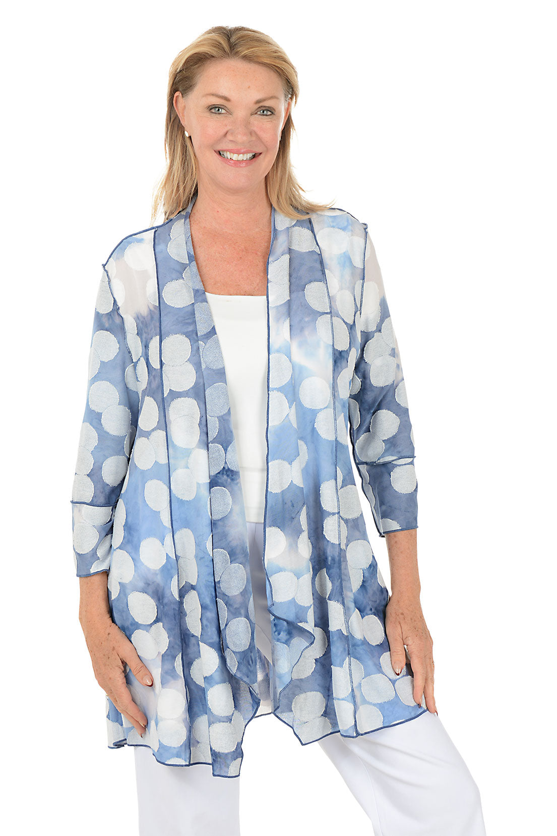Woman wearing a blue and white patterned cardigan on a white background.