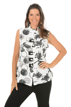 Woman wearing a sleeveless top with black and white abstract pattern on a white background. Second front shot.