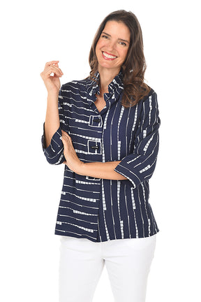Navy Keyboard Wire Collar Button-Front Shirt