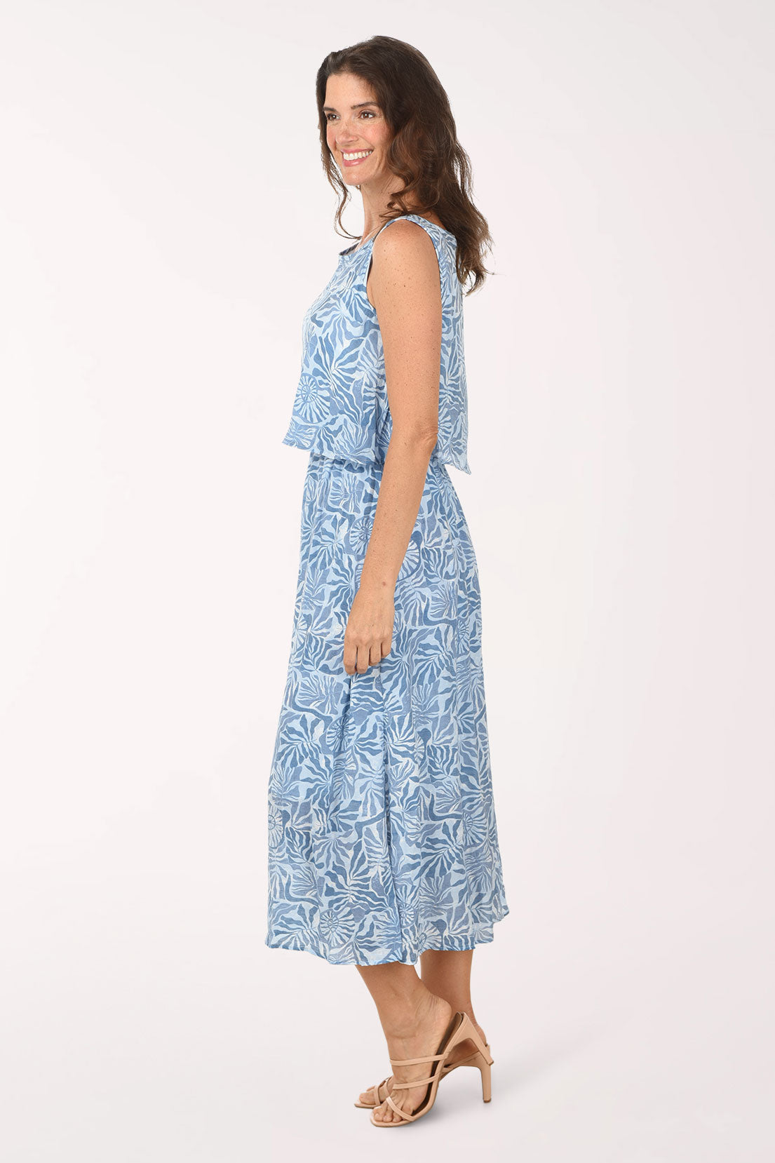 Woman wearing a blue floral dress on a white background