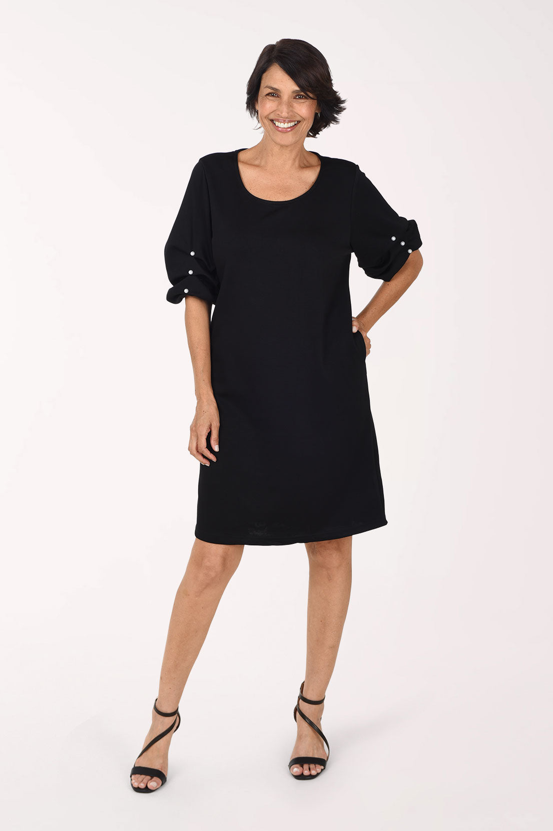Creation Pearl Gathered Elbow Sleeve Dress, front view, black