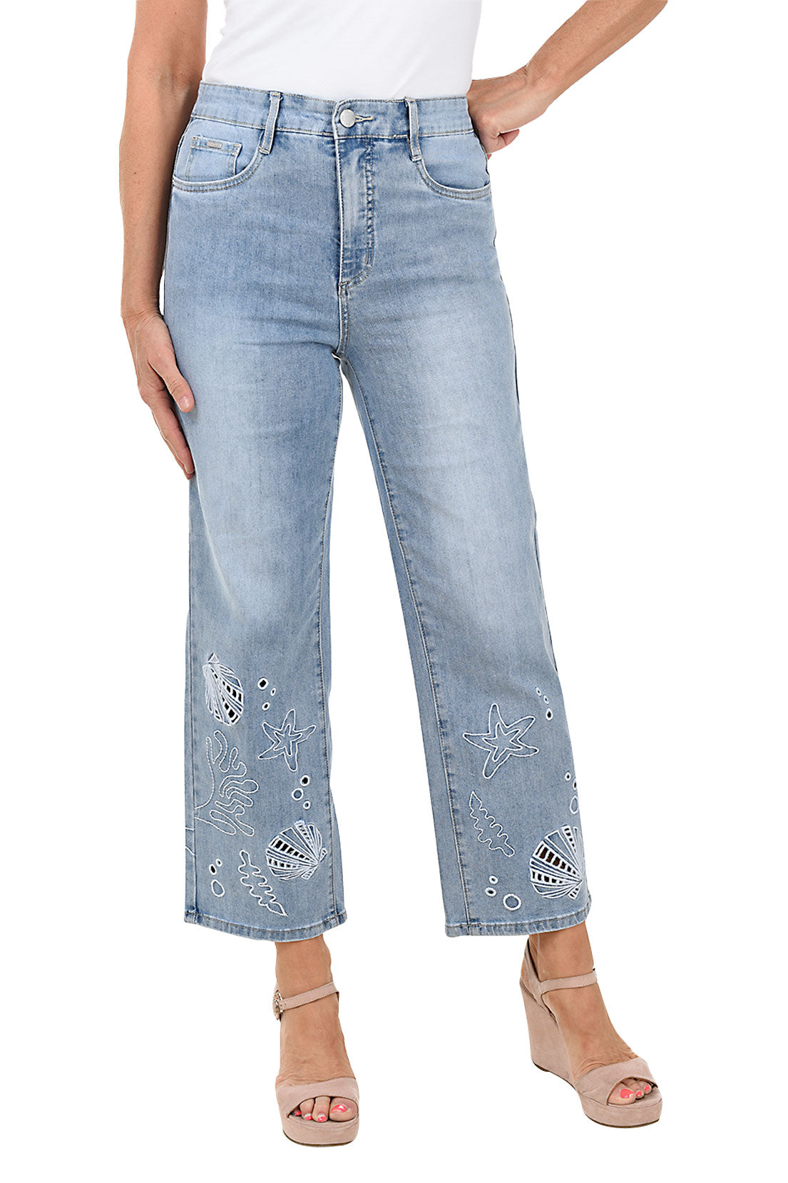 Sea Life Embroidered Denim Ankle Pant
