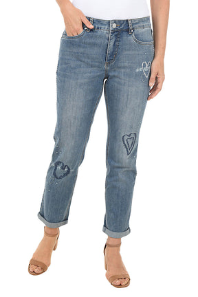 Embroidered Hearts Girlfriend Denim Ankle Pant