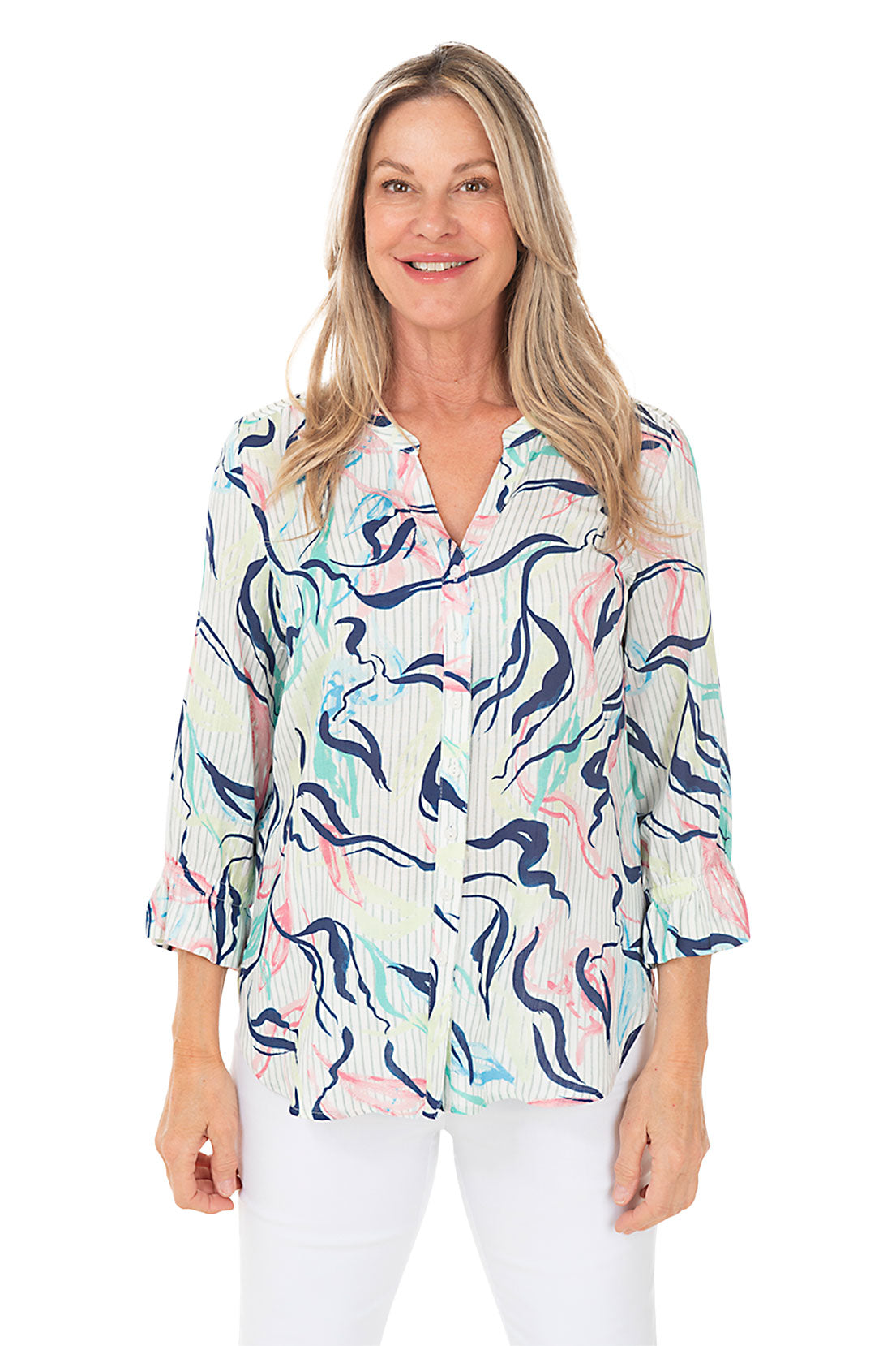 Watercolor Scribbles Striped Button-Front Shirt