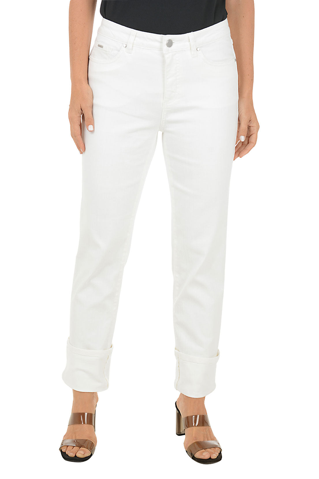 Person wearing white denim jeans on a white background.