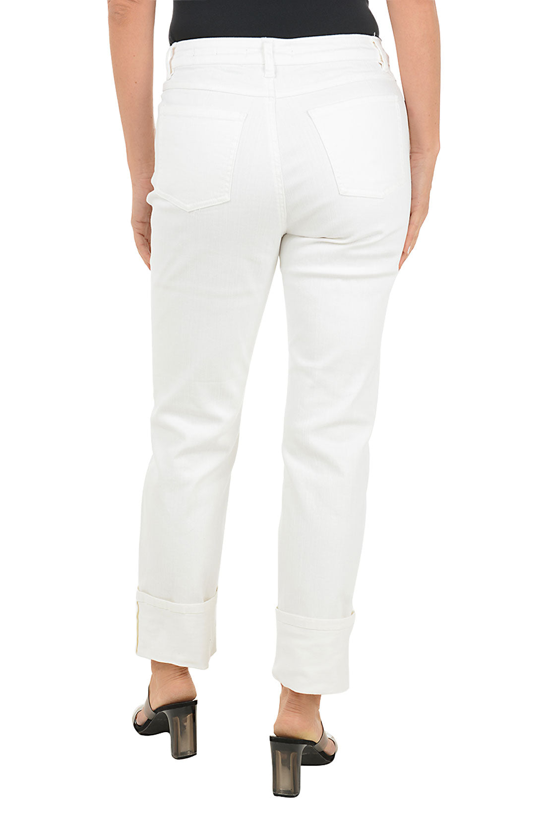 Person wearing white denim jeans on a white background. Back shot.