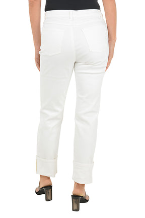 Person wearing white denim jeans on a white background. Back shot.