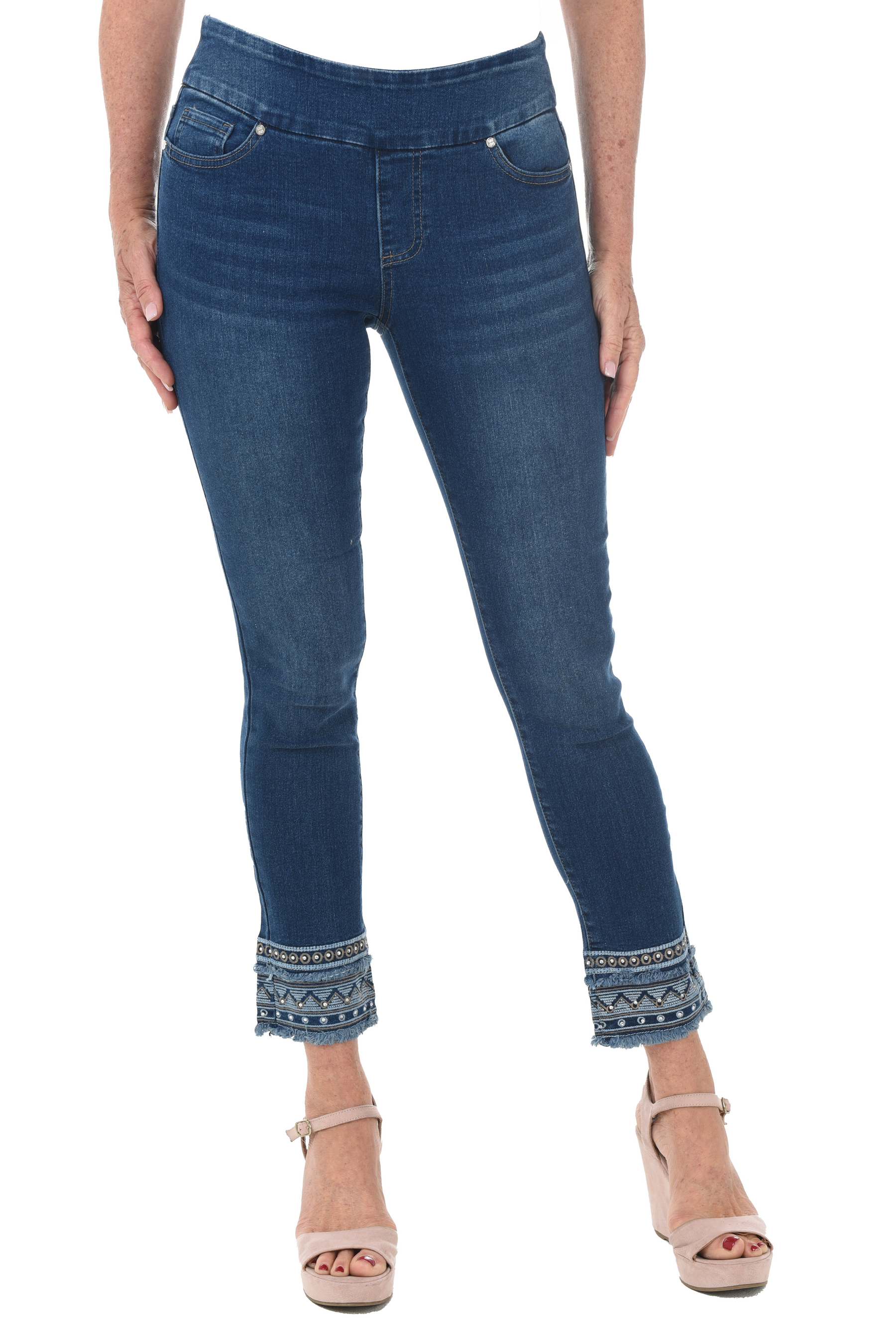 Zig Zag Embroidered Pull-On Denim Ankle Pant