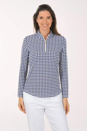Navy Houndstooth UPF50+ Quarter Zip Top