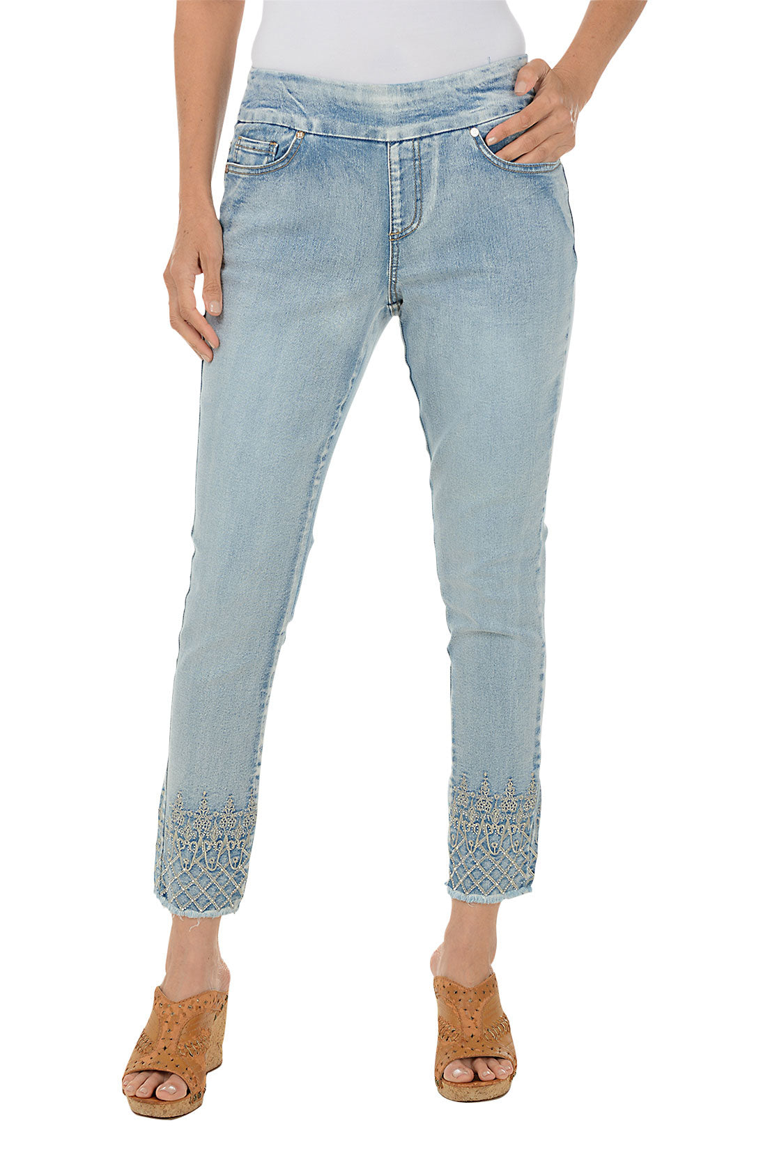 Intricate Hem Acid Wash Denim Ankle Pant