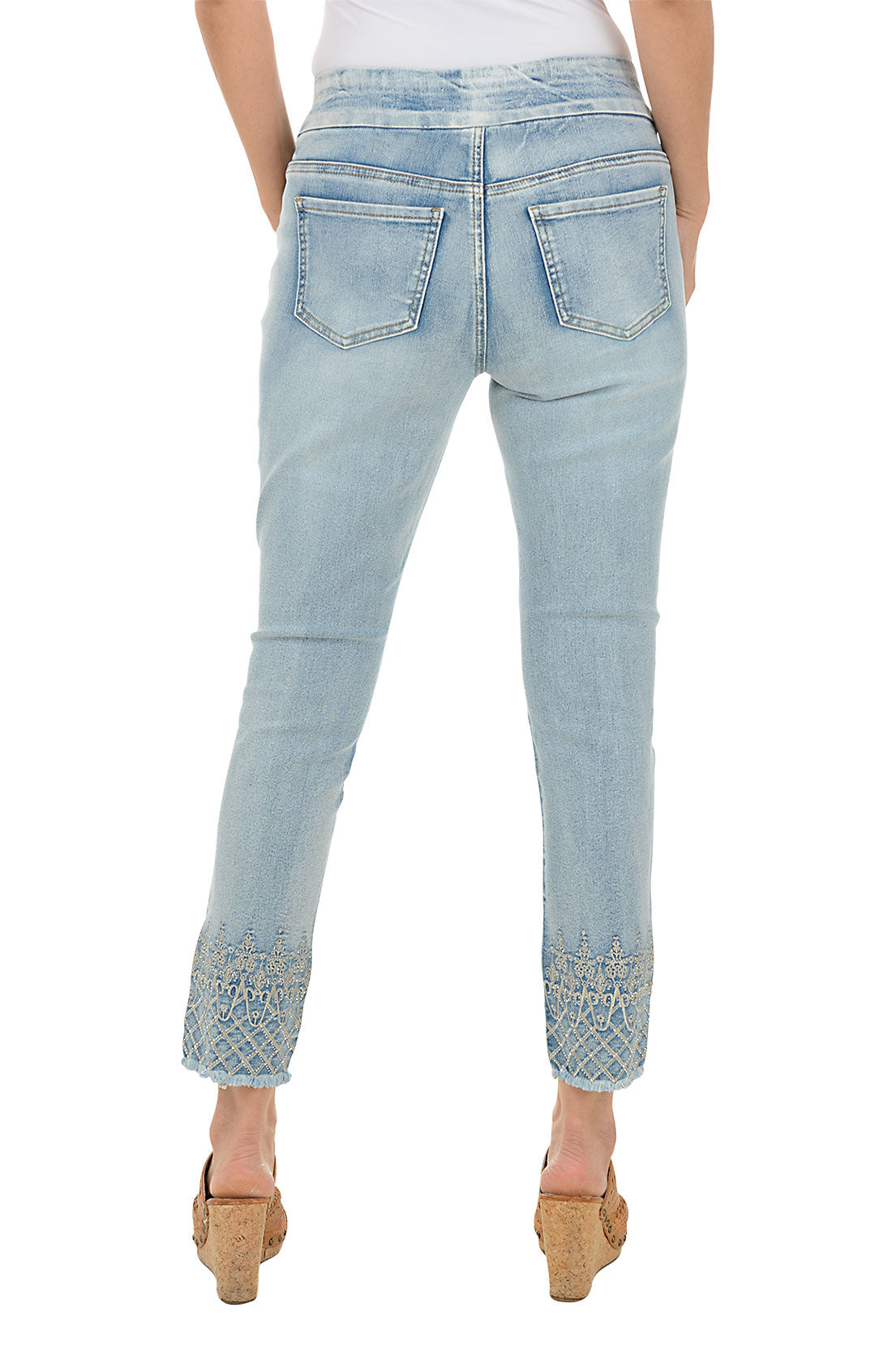 Intricate Hem Acid Wash Denim Ankle Pant
