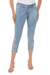 Blue Rhinestone Roses Denim Capri Pant