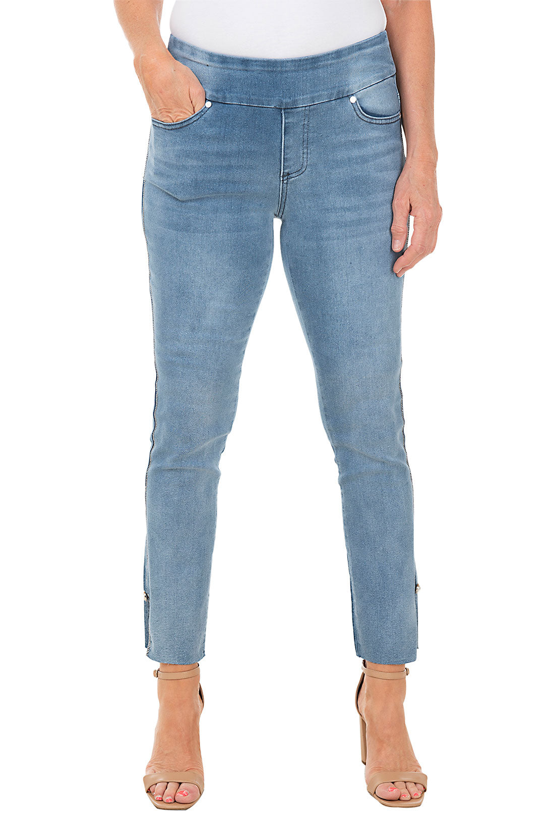 Pearl Button Jeweled Denim Ankle Pant