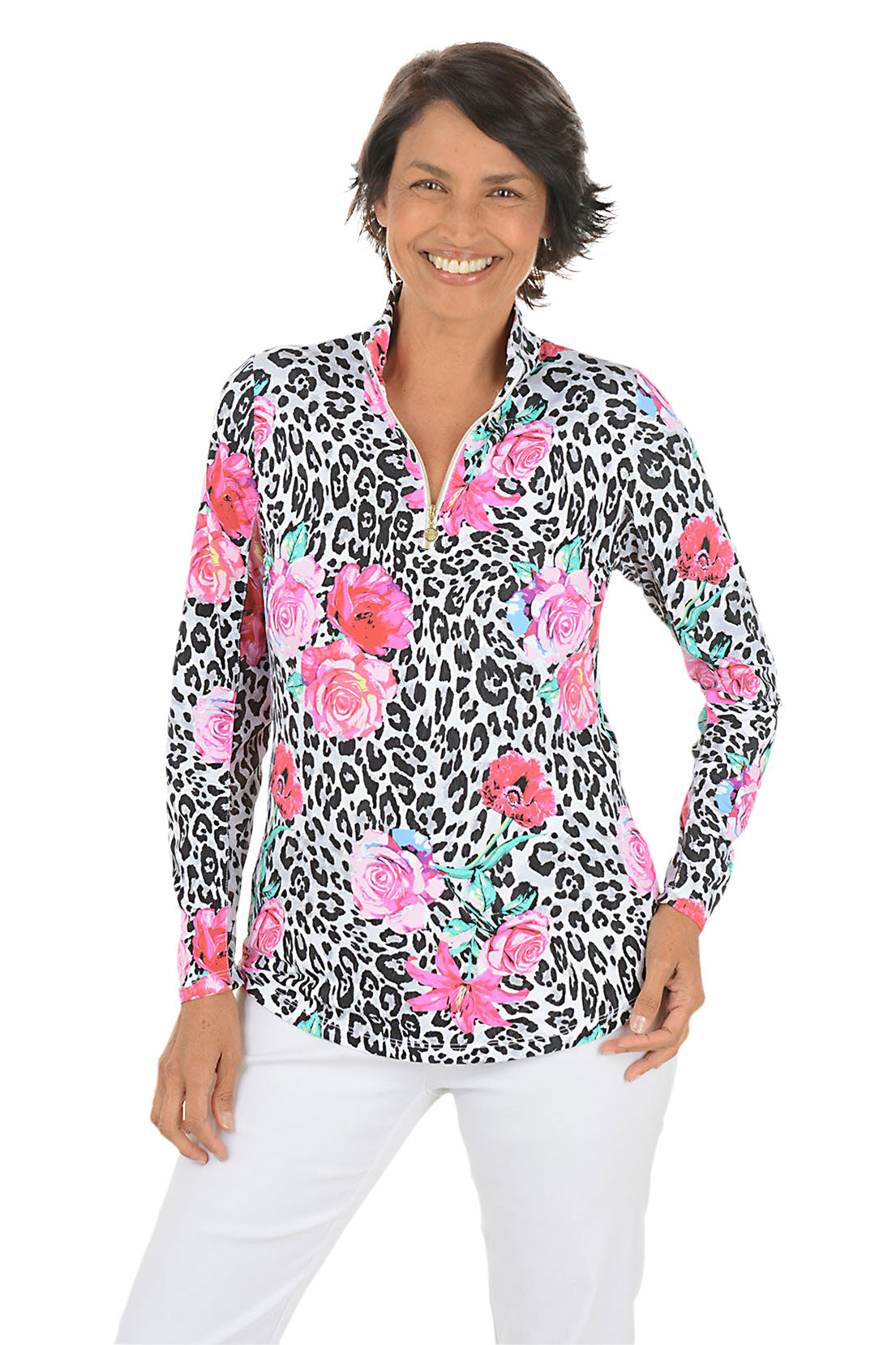 Woman wearing a colorful floral and leopard print shirt on a white background. Second front shot.