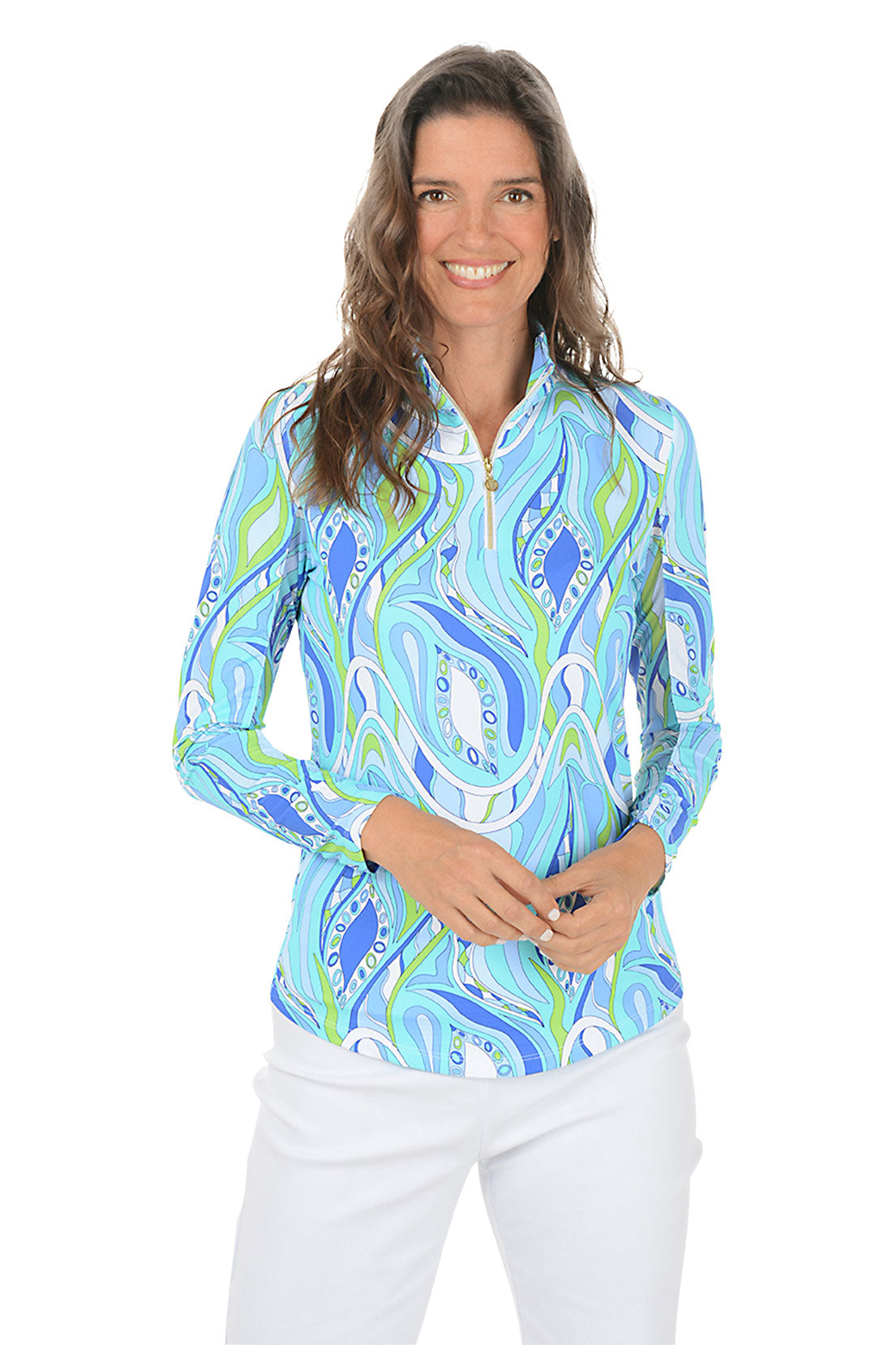 Woman wearing a colorful patterned shirt on a white background. Second front shot.