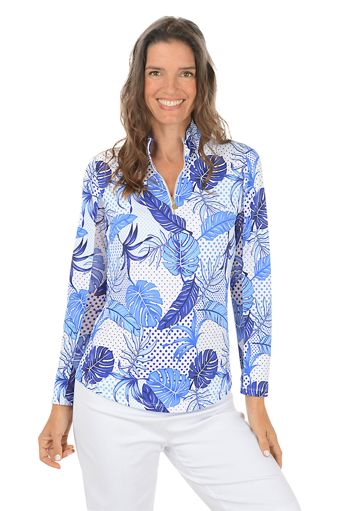 Woman wearing a blue floral patterned shirt on a white background
