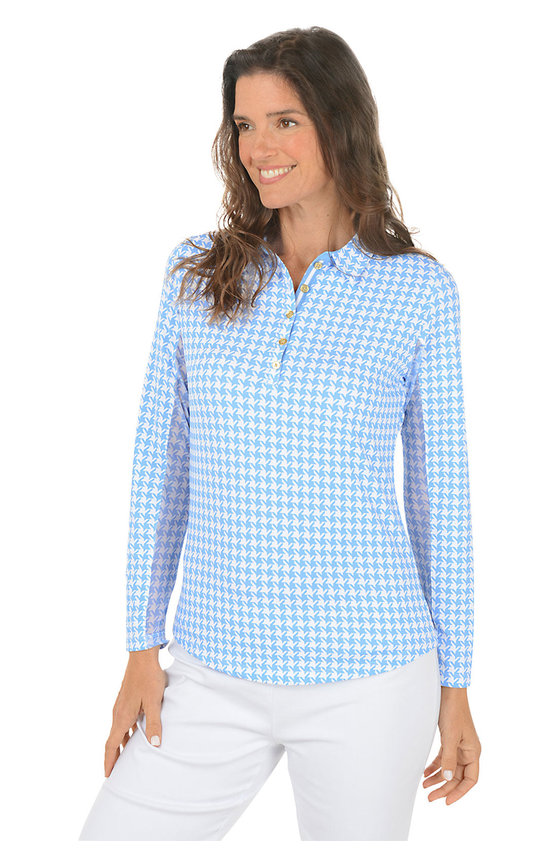 Woman wearing a blue checkered shirt on a white background. Second front shot.