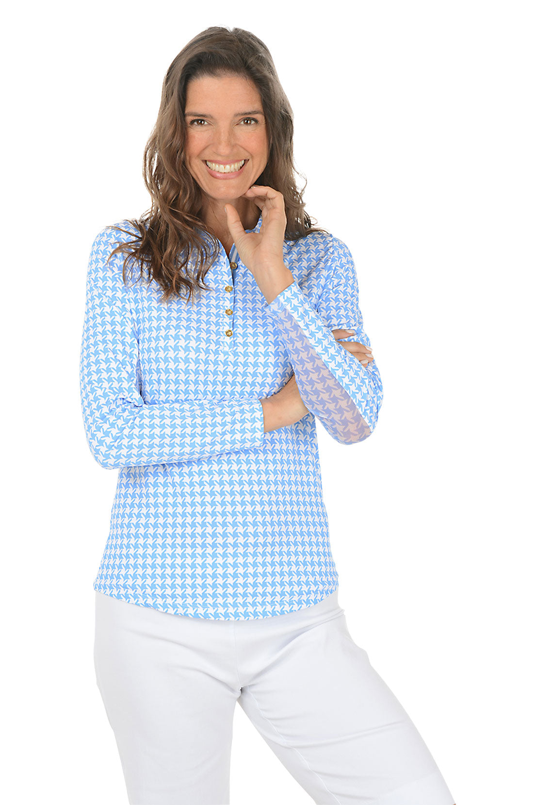 Woman wearing a blue checkered shirt on a white background.