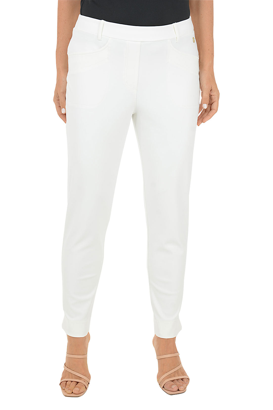 White pants worn by a person on a white background